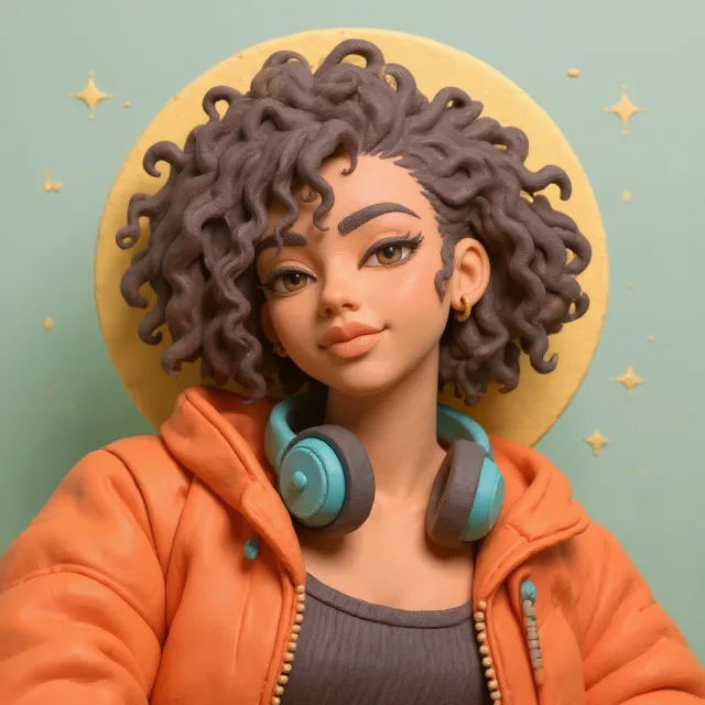 Actual generated clay portrait, keeping the curly hair, orange jacket and teal headphones